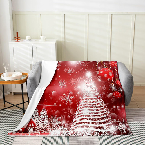 jejeloiu Kids Christmas Flannel Fleece Throw Blanket Throw 50"x60" Merry Christmas Tree Fuzzy Blanket for Sofa Couch Snowflake Winter Theme All Season Bed Blanket Red Plush Blanket