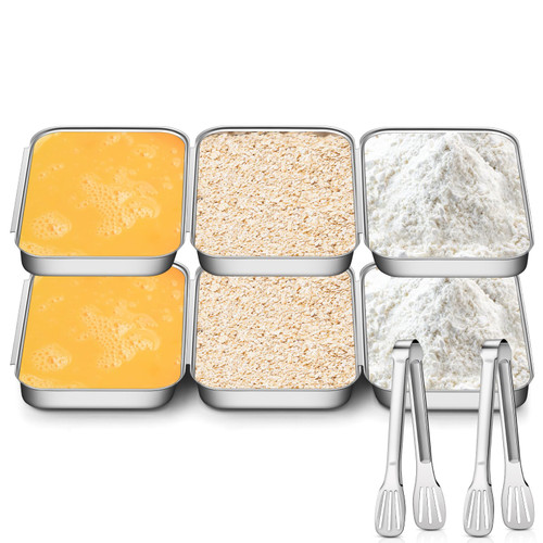 Hushee 2 Sets Stainless Steel Breading Pans Set of 3 Breading Trays Chicken Coating Breading Pans Food Prepping Bread Crumb Dishes with 2 Pcs Tong for Baking Cake Marinating Meat Chicken Fish