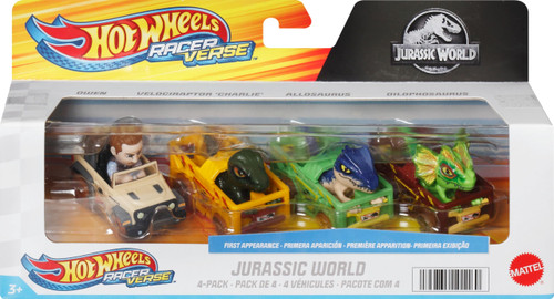 Hot Wheels Toy Cars, RacerVerse 4-Pack of Die-Cast Vehicles Featuring Jurassic World Characters Charlie, Owen, Dilophosaurus & Allosaurus as Drivers