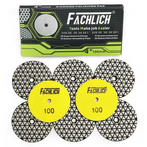 FACHLICH Dry Diamond Polishing Pads,100mm/4 Inch 8pcs Grit 100 for Granite,Marble,Quartz Stone Countertop,Sanding Grinder or Polisher Pads
