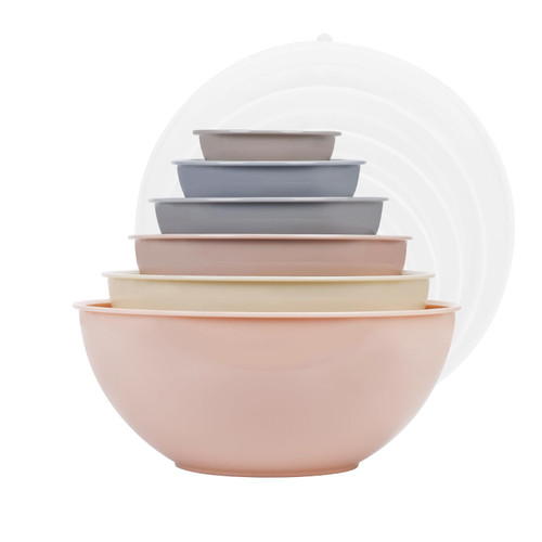 BoxedHome BPA Free Plastic Round Mixing Bowl with Lids, 12 Pack Nesting Bowls with Lids Set, Microwave and Dishwasher Safe Prep & Serving Bowls Great for Mixing, Baking, Serving (Khaki Pink, 12pcs)