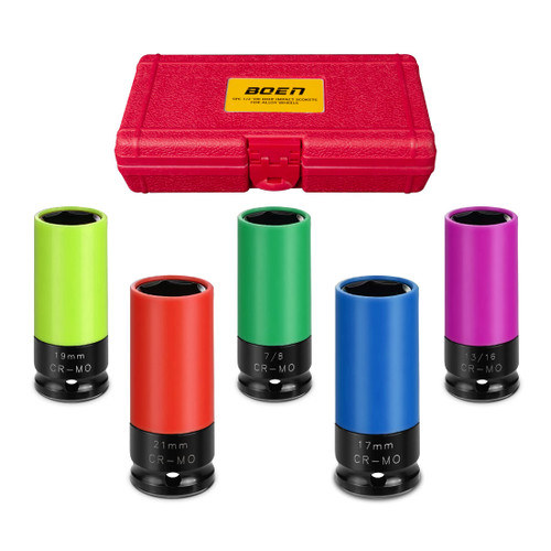 BOEN 1/2" Drive Wheel Protector Impact Socket, Non-Marring Lug Nut Thin Wall Deep Socket Set, CR-MO, 6 Point, Color-Coded Protective Sleeve | Metric 17 19 21 mm | SAE 13/16 7/8 inch (5 PCS)