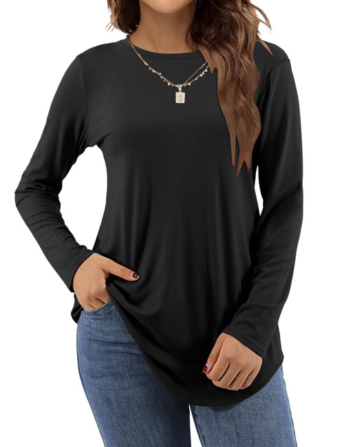 Amoretu Womens Long Sleeve Tunic Tops Crew Neck Basic Loose T Shirts Dressy, Black XL
