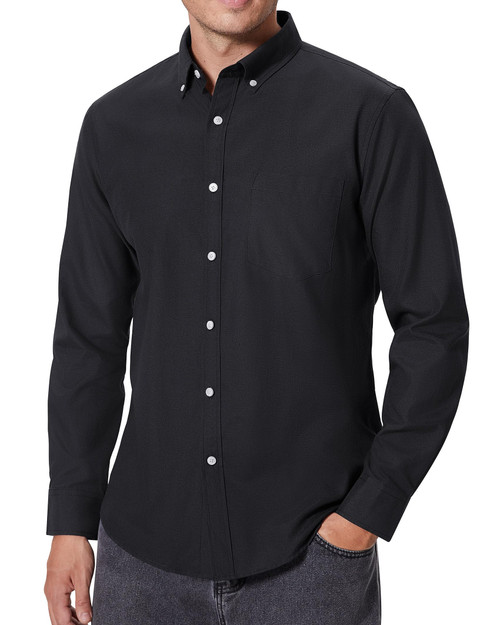 Alimens & Gentle Mens Oxford Shirt Regular Fit Striped Button Down Collar Shirt Long Sleeve Dress Shirt, Black, Medium