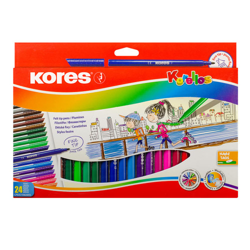 Kores - Korellos: 24 Coloured Felt Tip Pens for Kids and Adults with Fine Tip, Washable and Long-Lasting, School Supplies Set of 24 Assorted Colours