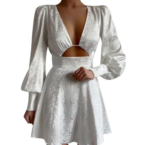 Cnebo Formal Cocktail Dresses for Women Ladies Temperament Commuting Fashion Printed A Line Skirt V Neck Short Style Dress White
