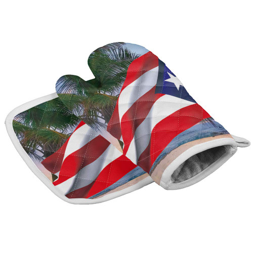 Kitchen Oven Gloves Puerto Rico Flag Oven Mitts Pot Holder Set Coco Tree Beach Hot Pad Sets for Kitchen BBQ Cooking Baking Grilling Heat Resistance