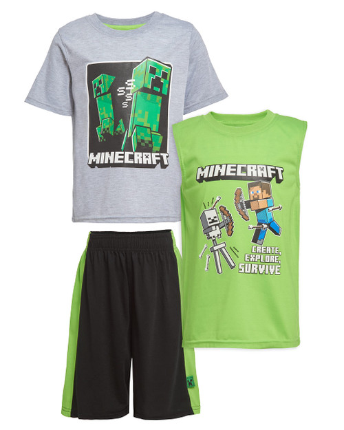 Minecraft Boys Creepers 3 Piece T-Shirt Tank Top Short Set (Gray Heather, 8)