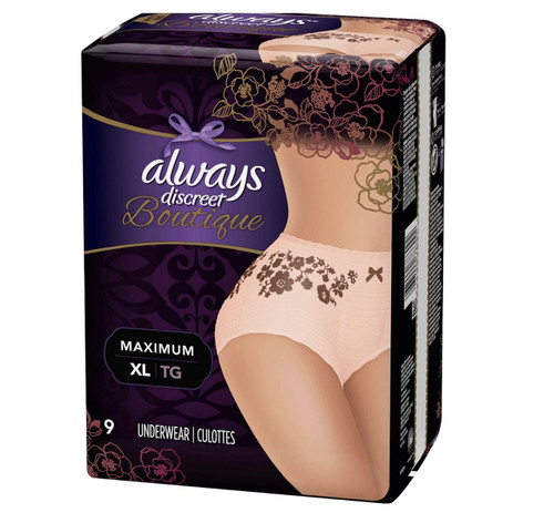Extra Large, Tan Always Discreet Boutique Incontinence Underwear Maximum, XL - Flower Prints, 9 count
