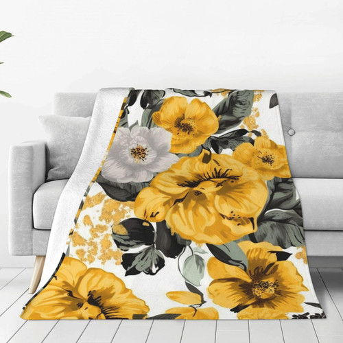 Yellow Rose Print Throw Blanket Lightweight Soft Flannel Blankets Luxury Warm Fleece Blanket for Bed Couch Sofa 40"x30"