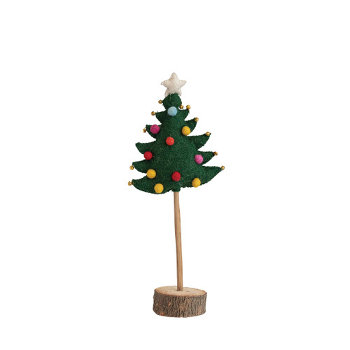 Creative Co-Op 6" Round x 15" H Handmade Wool Felt Tree w/Star, Pom Poms, Jingle Bells & Wood Slice Base, Multi Color