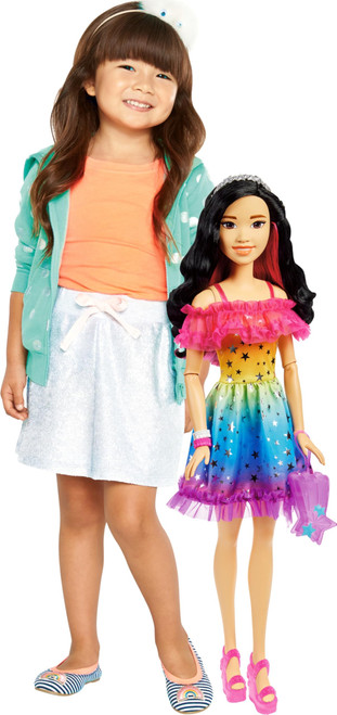 Barbie Large Doll with Black Hair, 28 Inches Tall, Rainbow Dress and Styling Accessories Including Shooting Star Handbag Barbie Large Doll with Black Hair, 28 Inches Tall, Rainbow Dress and Styling Accessories Including Shooting Star Handbag