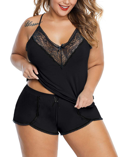 XAKALAKA Women Plus Size Pajamas Cami Shorts Set Nightwear Sexy Lace Lingerie Sleepwear Black XL