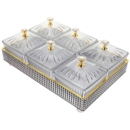 Zerodeko Decorative Tray 1 Set of Divided Serving Dishes with Lid Plastic Snack Appetizer Tray Dry Fruit Veggie Bowls with 6 Compartments Relish Tray for Candy Chips Dip Nut Grey Snack Container