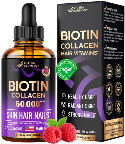 Liquid Biotin & Collagen - Vitamins for Hair Growth Support for Women & Men - Extra Strength 60000 mcg Drops - B7 Supplement - Strong Nails & Healthy Skin - 98% Faster Absorption Than Pills Liquid Biotin & Collagen - Vitamins for Hair Growth Support for Women & Men - Extra Strength 60000 mcg Drops - B7 Supplement - Strong Nails & Healthy Skin - 98% Faster Absorption Than Pills