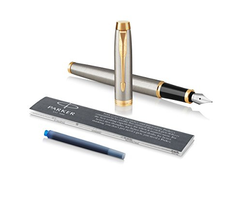 Parker IM Fountain Pen, Brushed Metal, Medium Nib with Blue Ink Refill (1975549)
