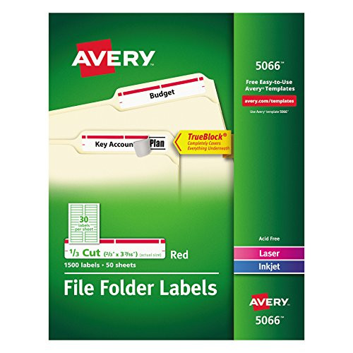 Avery Red File Folder Labels for Laser and Inkjet Printers with  TrueBlock Technology, 2/3 x 3-7/16 Inches, Box of 1500 (5066)