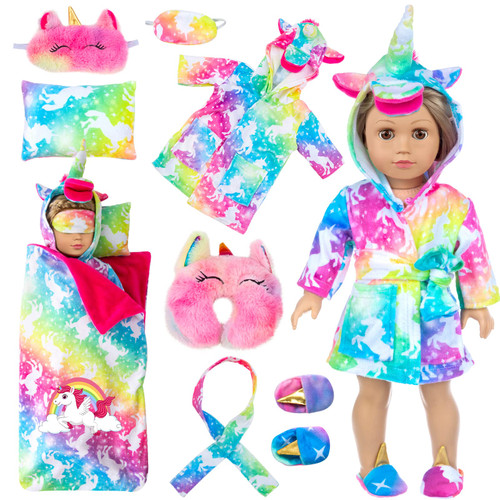 ZQDOLL American 18 inch Doll Clothes and Accessories Doll Sleeping Bag Set- Colorful Printed Unicorn Doll Clothes with Sleeping Bags, Eye Masks, Pillows and Shoes for 18 inch Doll