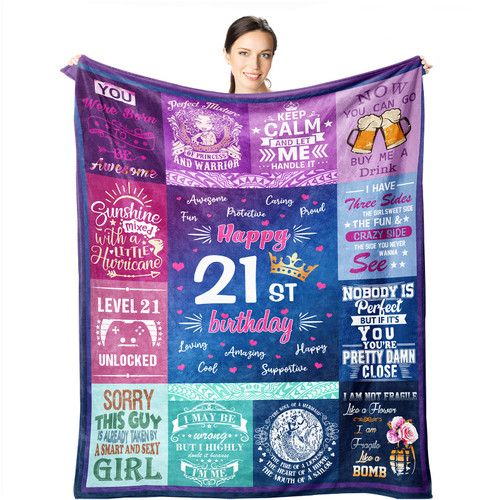 Wisegem 21st Birthday Gifts for Her - Best 21 Birthday 60"x50" Blanket - Female 21st Bday Gift Ideas - Happy 21 Year Old Birthday Gifts - Gifts for 21 Year Old Women Girl - 21st Birthday Decorations