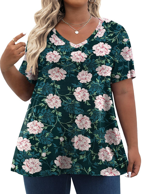 Tencede Womens Plus Size Tops V Neck Shorts Sleeve Shirts Tunic Casual Blouses Clothing Dark Grean Peony 5X