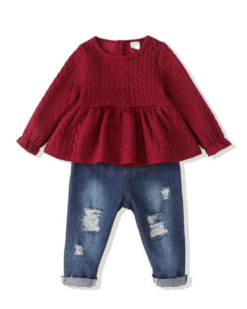 18 Months Girl Clothes Baby Toddler Clothes Clothing 24 Months Girl Clothes Ripped Jeans Denim Pants Long Sleeve Shirt Fall Winter Outfits for Girls 18-24 Months Wine