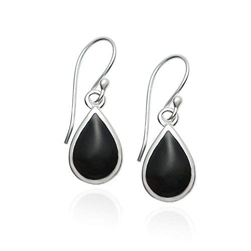 925 Sterling Silver Dangling Teardrop Earrings with Simulated Onyx Inlay 925 Sterling Silver Dangling Teardrop Earrings with Simulated Onyx Inlay