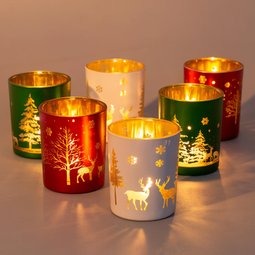 Glass Votive Candle Holder for Christmas Decor - Set of 6 Romadedi Colorfull Tealight Holders for Tea Light Coffee Table Centerpiece Decoration Home Party