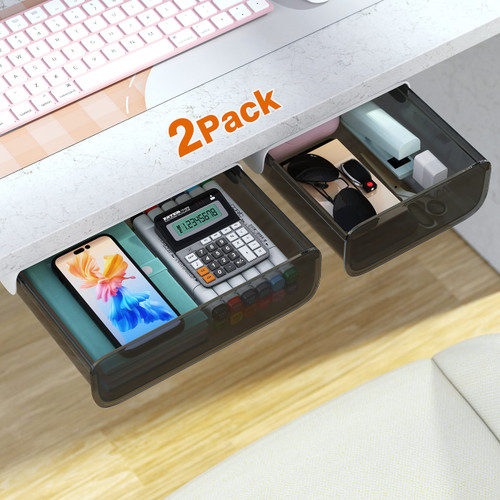 2 Pack Self-adhesive Under Desk Drawer Slide Out, Stick on Drawers for Under Desk Organizer, Under Desk Storage Drawers, Desk Drawer Attachment-Large and Standard