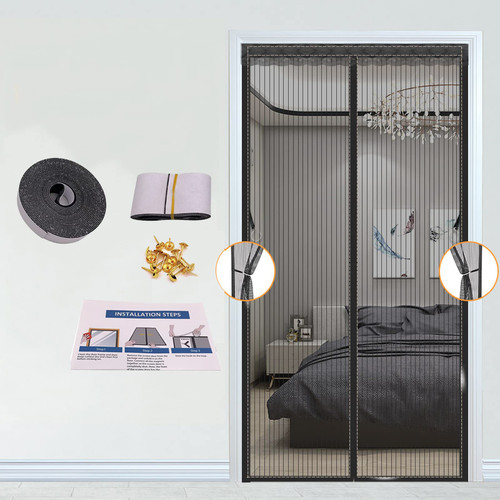 35x78 inches Heavy Magnetic Screen Door - Keep Bugs Out, Let Cool Breeze in - Self Sealing Magnets, Duty Retractable Mesh Net Closure - Curtain Works with Pets, Sliding Door, Front Doors?Black