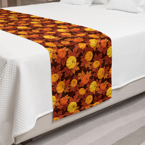 Lunarable Pumpkin Bed Runner, Autumn Illustration with Maple Leaves Squash Plants Warm Colored Pattern, Decorative Accent Bedding Scarf for Hotels Homes and Guestrooms, Orange Brown Yellow