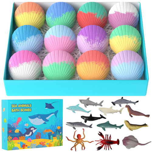 Kids Bath Bombs with Surprise Toys Inside, 12 Pack Shell Bath Bombs for Kids with Ocean Sea Animals for Girls Boys, Marine Shark Bath Bomb Gift Set for Christmas, Safe Handmade Bubble Bath Fizzy
