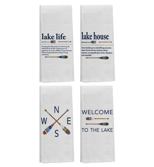 Knibeo Lake House Kitchen Towels,Lake House Decor for The Home,Welcome to The Lake Waffle Weave Towels,Lake House Decor,Lake House Gifts,Lake Life Gifts,16 x 24 Inch Set of 4