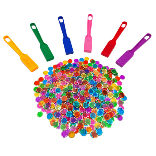 JUNWRROW Magnetic Bingo Wand with Chips,6-Pack& 600 Metal Chips, 6 Color Metal Chips-for Large Group Games,Family Game Night, Sensory Bins,Counting and Sorting,Science& Educational Activities