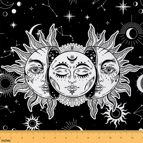 Sun Moon Fabric by The Yard Boho Exotic Decorative Waterproof Outdoor Fabric Bohemian Galaxy Upholstery Fabric for Chairs Astrology Space Cosmic Celestial Black White Upholstery Fabric,2 Yards