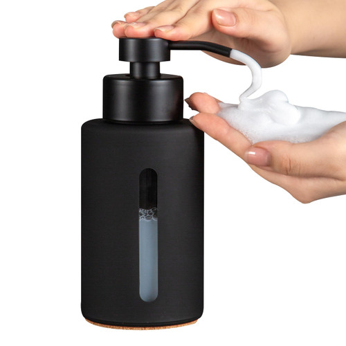 Enra Foaming Soap Dispenser with Clear Window,12oz Bathroom Soap Dispenser with Stainless Steel Pump, Modern Thick Glass Refillable Pump Bottle for Bathroom Kitchen (Black Foam Dispenser)