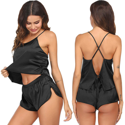 Ekouaer Womens Soft Satin Sleepwear Lingerie 2 Piece Silk Pajamas Set Cami Top and Shorts Sleep Camisole Nightwear A-black