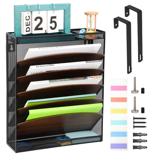 EASEPRES Wall File Organizer, 5 Tier Wood Mesh Desk Organizer with 2 Tray Wall Mount Rustic Mail Magazine Rack for Home Office Cubicle