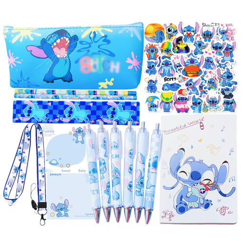 BLUEZY for Stitch School Supplies Kawaii Stuff Gift Set for Girls, Cute Anime Merch Accessories Including Pencil Case Rollerball Pens Pencils Stickers Lanyard Ruler Sticky Note notebook
