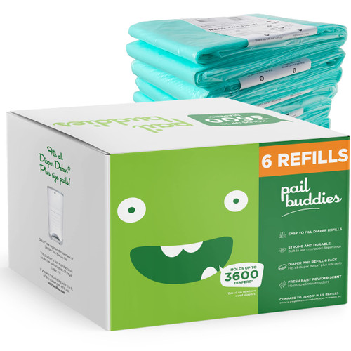 Pail Buddies Diaper Pail Refills | 6 Count | Compatible with Dekor Plus Diaper Pail | Strong, Durable Diaper Pail Refills with Fresh, Baby Powder Scent Pail Buddies Diaper Pail Refills | 6 Count | Compatible with Dekor Plus Diaper Pail | Strong, Durable Diaper Pail Refills with Fresh, Baby Powder Scent