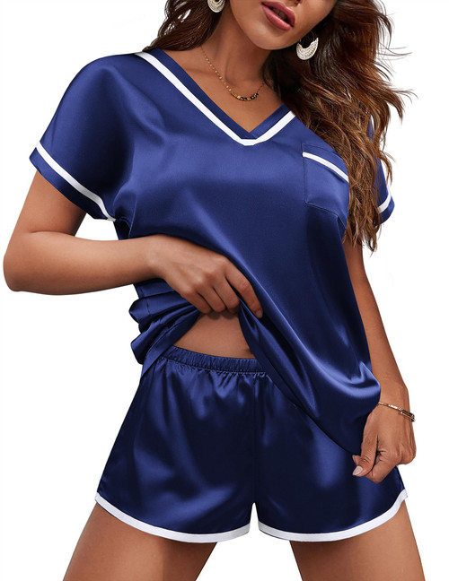 Ekouaer Women's Satin Pajama Silk Short Sleeve V-Neck Loungewear Comfy Pj Sets 2 Piece Sleepwear Navy Blue
