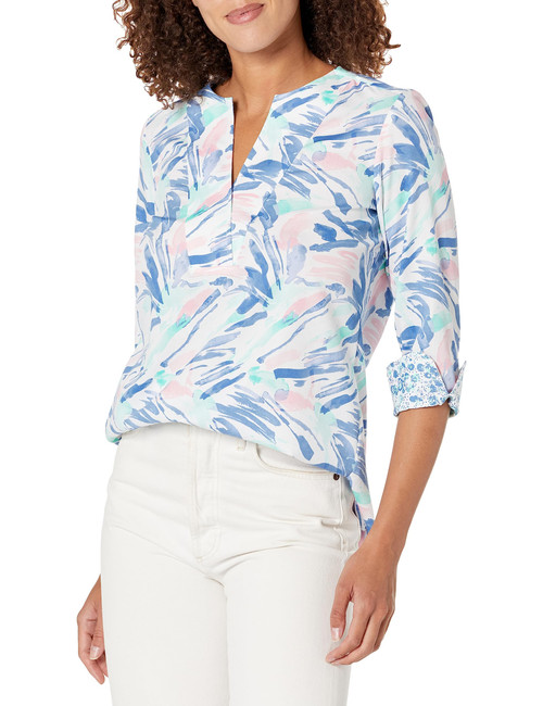 Foxcroft Women's Size VENA 3/4 Sleeve Tropical Paint Strokes Shirt, Navy Multi, 18 Plus
