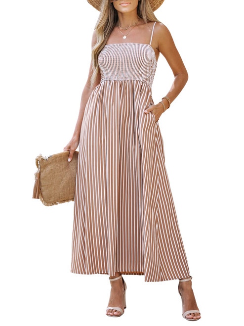 CUPSHE Women's Striped Smocked Sleeveless Dress Pockets Formal Dress Maxi Cami Straps Dress Brown