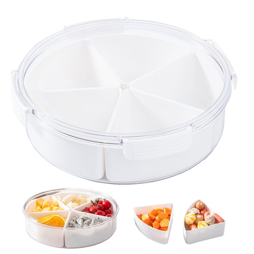 Divided Serving Tray with Lid Round Appetizer Serving Platters with 5 Individual Dishes Leakproof Serving Bowl for Veggie Snack Nut Dried Fruit Candy Food Dispensers