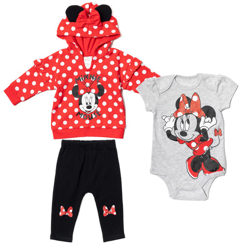 Disney Minnie Mouse Infant Baby Boys or Girls 3 Piece Outfit Set: Pants Bodysuit Hoodie Red 24 Months