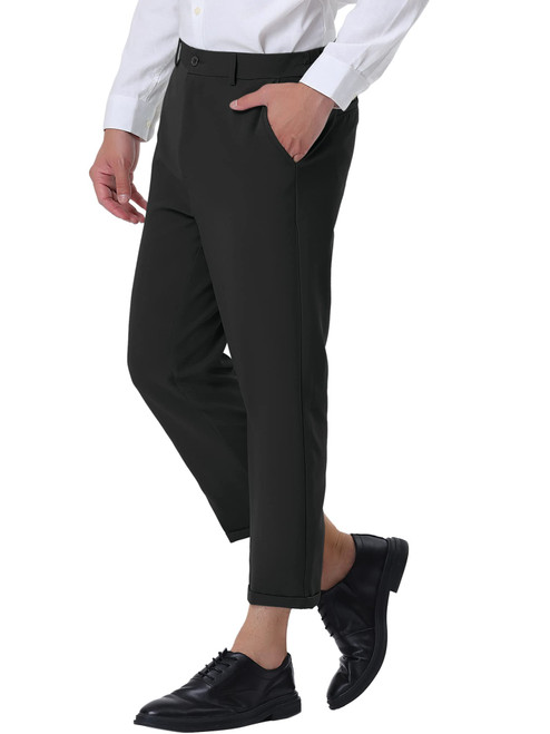 Lars Amadeus Black Cropped Dress Pants for Men's Solid Color Flat Front Business Ankle Length Trousers 28 Black