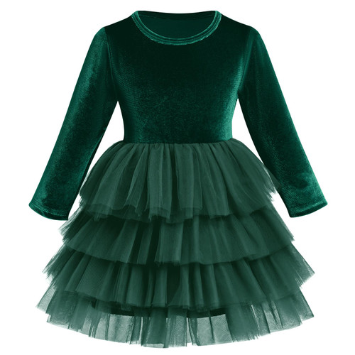 Toddler Green Velvet Tulle Dress Baby Green Christmas Velvet Dress for Girls Fall Winter Long Sleeve Ruffle Princess Velvet Tutu Dresses Dark Green-Tulle 5-6 Years