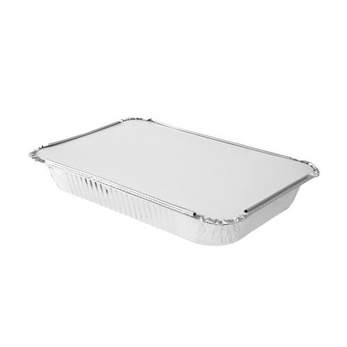 Restaurantware LIDS ONLY: Foil Lux To Go Container Lids, 100 Flat Take Out Container Lids - Containers Sold Separately, Fits 4 LB Take Out Containers,Foil-Laminated White Paper Lids