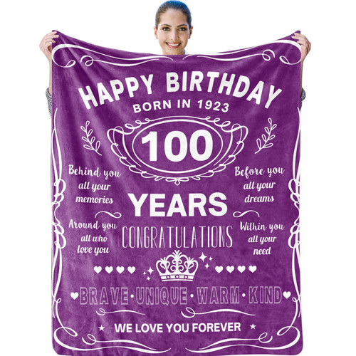 100th Birthday Gifts for Women 1923, 50"x60" Birthday Throw Blanket, Gifts for Women Turning 100, 100 Year Old Birthday Gifts, 100th Birthday Decoration for Wife Grandma, Purple