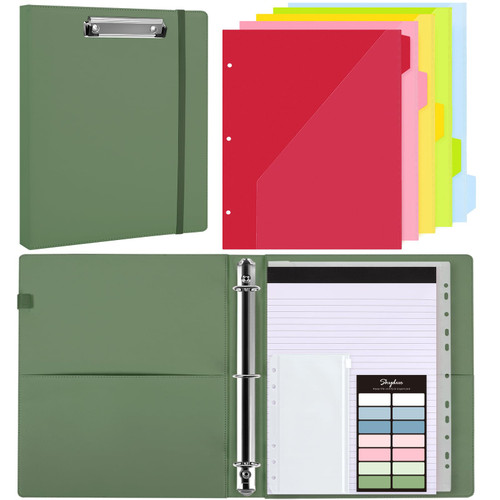 SKYDUE Clipboard Binder with Refillable Notepad, PU Clipboard Folder Includes 5 Dividers with 10 Pockets, Labels, 3 Ring Binder 1 Inch for School Office (Fit Letter Sized Paper)