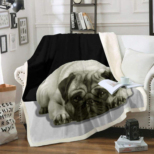 Feelyou Kids Dog Printed Sherpa Throw Blanket for Sofa Couch Cute Pug Dog Fleece Blanket 3D Animal Theme Plush Blanket Microfiber Black White Pet Puppy Fuzzy Blanket Room Decor Baby 30"x40"